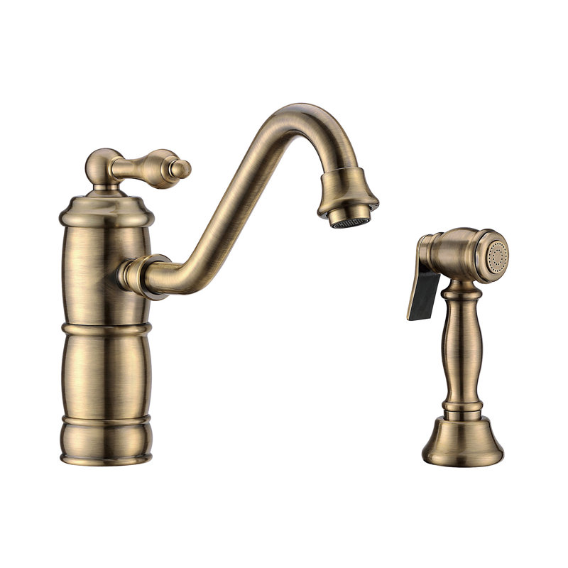 Whitehaus Collection Single Lever Faucet with Traditional Swivel Spout and Solid Brass Side Spray, Antique Brass