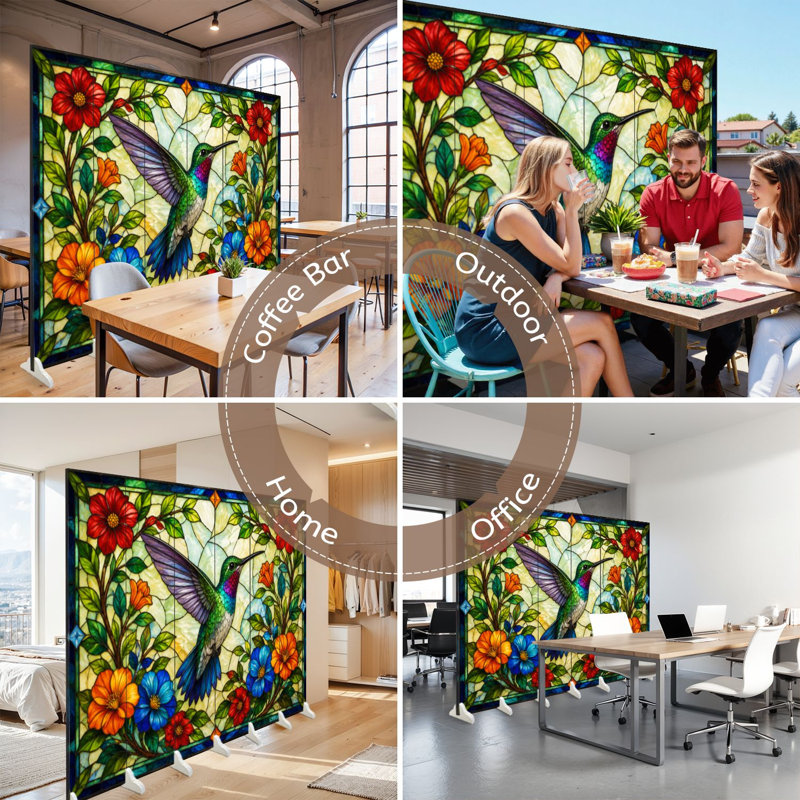 Cloison pliante à 4 panneaux séparateurs de colibris fleurs sur toile séparateur mural de protection autoportant, 4