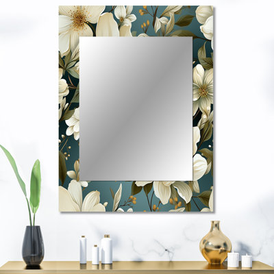 Adolina blanc vert élégant motif botanique - miroir floral, miroir mural unique Cottage, impression d'art en métal