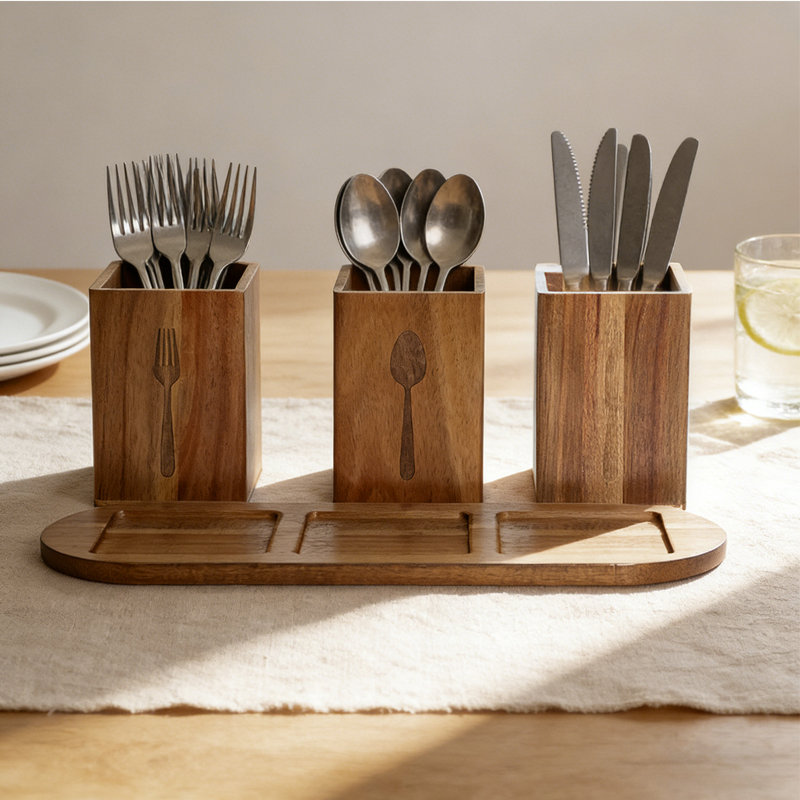 Porte-ustensiles de cuisine en bois d'acacia 13 x 4,5 x 4,7 po à 3 sections avec plateau inférieur