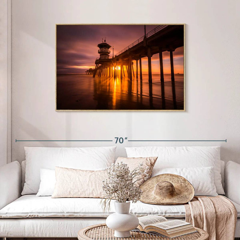 Coucher de soleil à Huntington Beach Pier, Cadre flottant en bois naturel, 43 po x 29 po