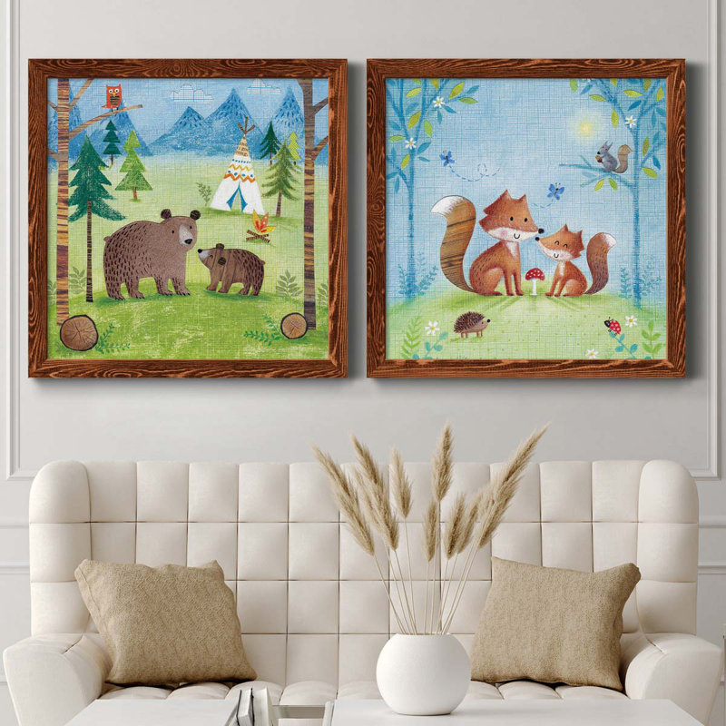 «Woodland Family Bears», ensemble de 2 peintures sur toile encadrées, H 31,5 po x l 63 po x P 1,5 po, Érable encadré