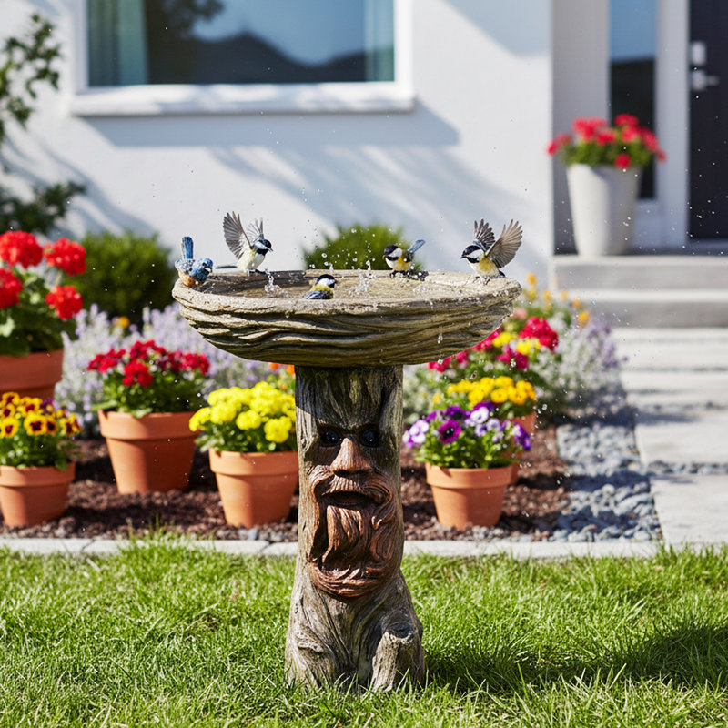 Grand bain d'oiseaux de 24 po pour l'extérieur, piédestal en forme d'arbre avec accents d'oiseaux, bain d'oiseaux décoratif en béton pour la cour de jardin