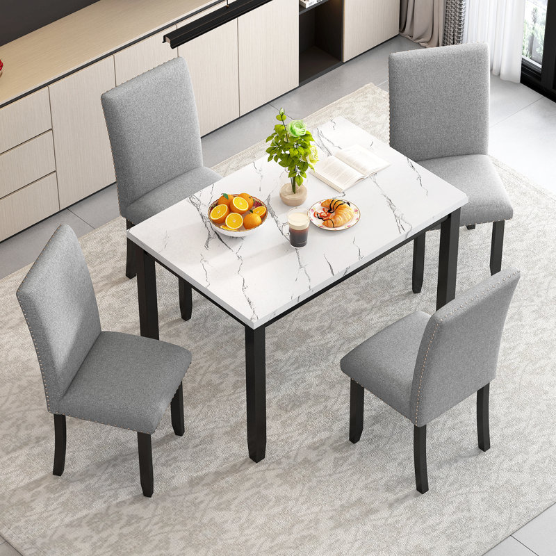 5-Piece Faux Marble Dining Set with 4 Padded Chairs, Modern Kitchen Table and Chair Set for Dining Room, White/Black, Gray