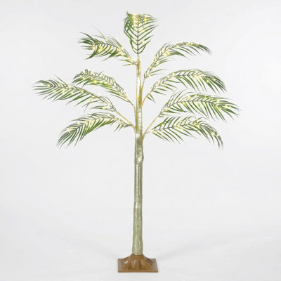47 Inch Artificial Palm Tree with 180 LED Lights, Warm White Pre-Lit Tropical Decor for Outdoor Christmas Holiday Garden Patio Yard, Green, 11.81 x 11.81 x 47.24 Inch