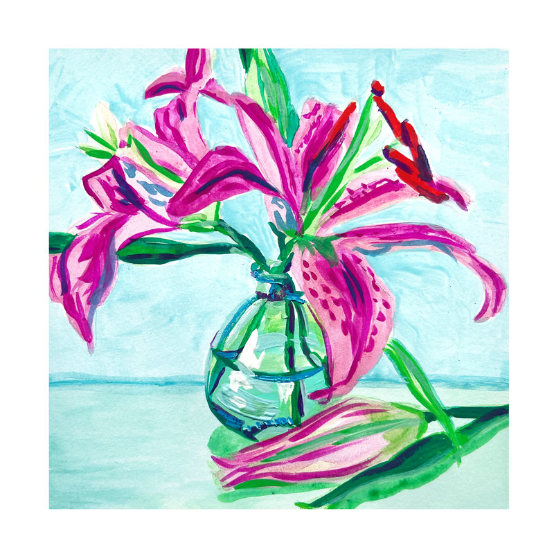 Lis roses sur toile, H 24 po x l 24 po x P 2 po