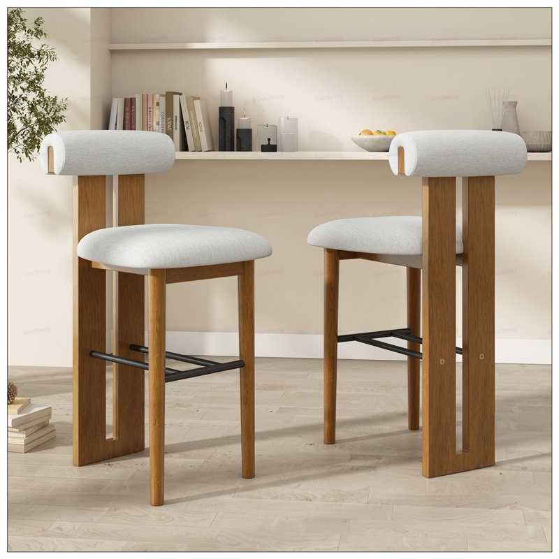 Tabouret de bar rembourré en bois avec finition noyer et tissu ivoire Renee, Ivoire ivoire