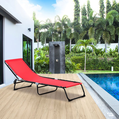 Yard Sun Lounge Relax Chair. 4 Recline, Breathable Mesh. With Pillow, Bungee Seat. Red Patio Reclining Back, Comfortable Pillow. For Outdoor Use In Be