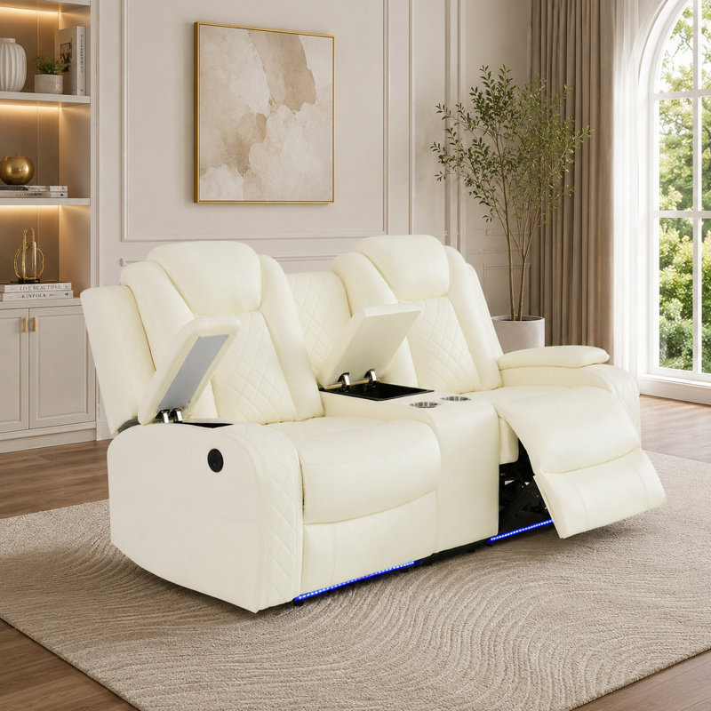 Canapé deux places inclinable électrique Dillard 73,5 po avec console de rangement, porte-gobelets, rangement dissimulé dans l'accoudoir, éclairage DEL bleu et port USB