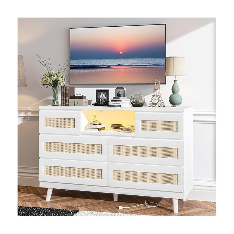 47" Wide Rattan Dresser with 6 Deep Drawers, LED Lighting & USB Charging Station - Modern Wood Storage Cabinet for Bedroom, Living Room, Entryway