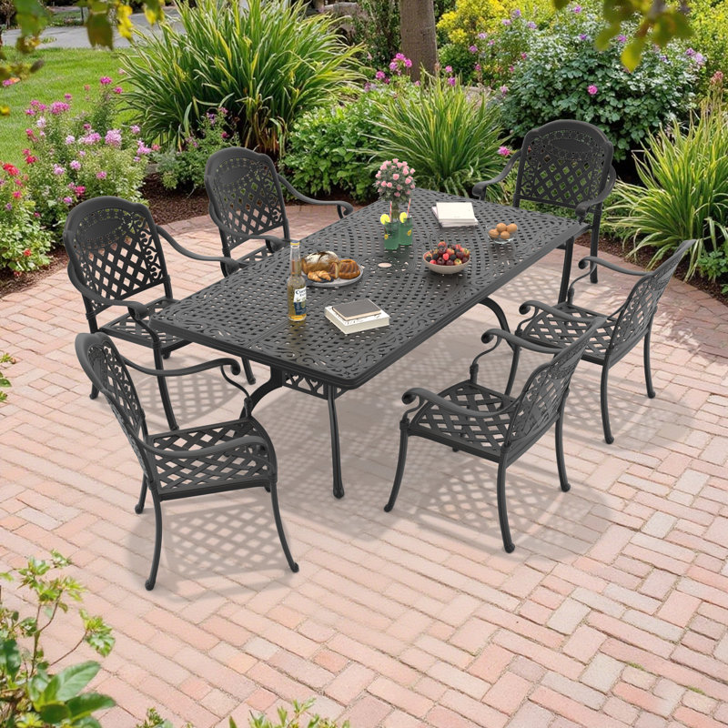 Ensemble de table de salle à manger rectangulaire en aluminium moulé avec passe-parapluie et coussins Ridge L 82,68 po, 6