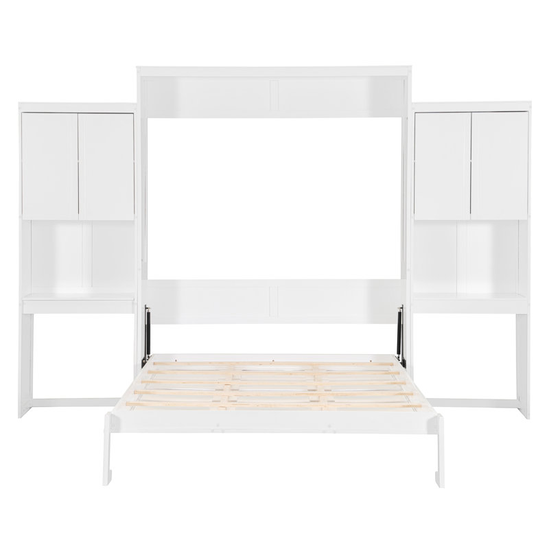 Grand lit escamotable avec bureau pliable, coiffeuse et armoires de rangement intégrées, Blanc