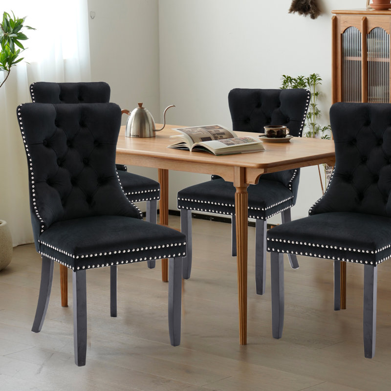 Velvet Fabric Upholstered Dining Chairs Set of 4,Black, Black, Black