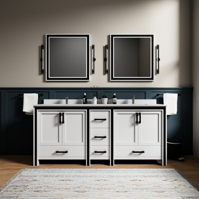 Meuble-lavabo double blanc 80 po X P 22 po, comptoir en quartz, robinet, miroirs - et aux rayures en blanc, robinet inclus et 30 dommages durables résistants aux taches
