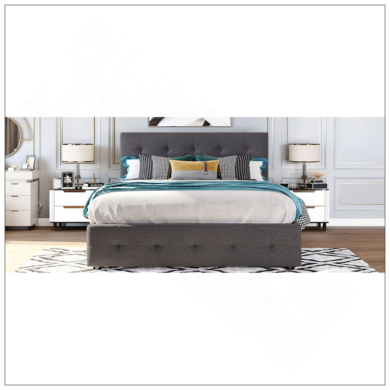 Lit plateforme tapissier avec tête de lit classique et 4 tiroirs, aucun sommier nécessaire, tissu en lin, grand, Gris foncé