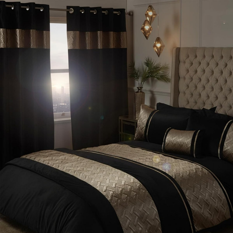 Black Gold Eyelet Curtains Pair 167 x 182 cm Thermal Room Darkening Polyester Drapes