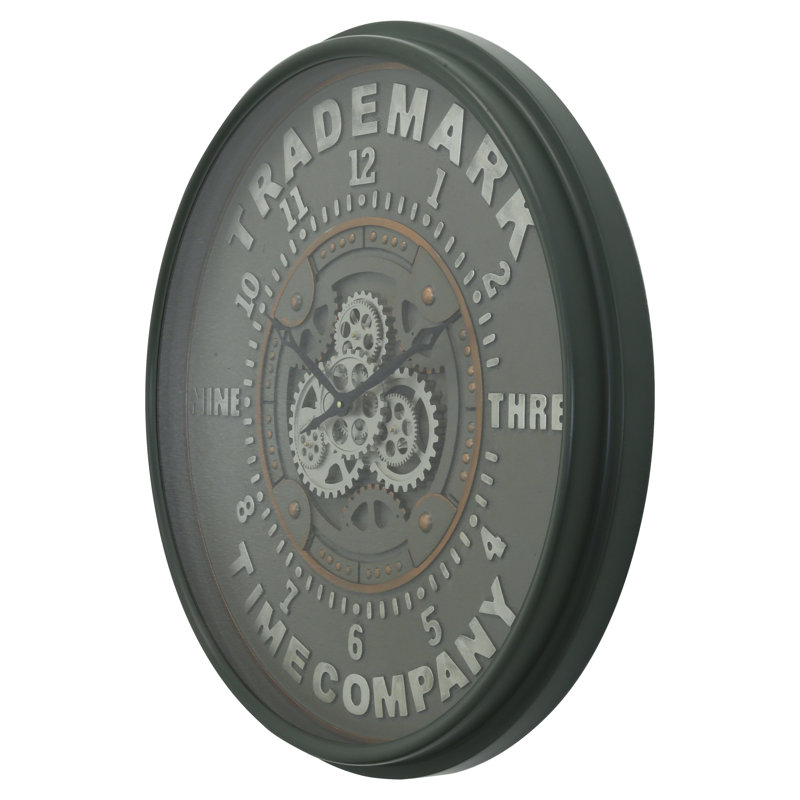 Large Black Metal Industrial Wall Clock with Open Moving Gears