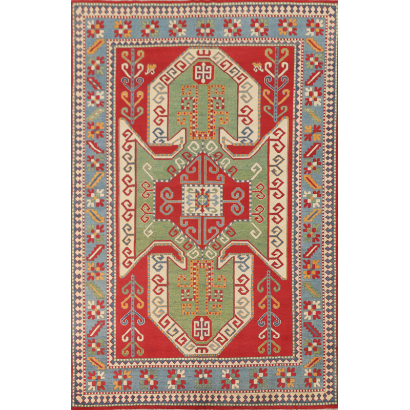 Green & Red Kazak Oriental Area Rug