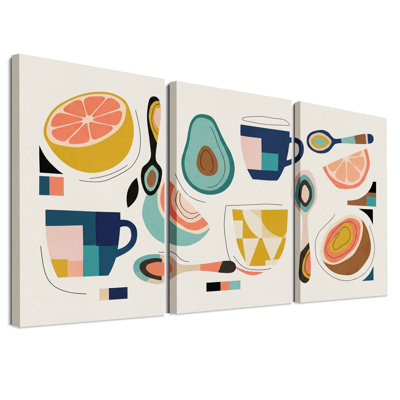 Ensemble de 3 toiles murales représentant des avocats et des pamplemousses avec des tasses à café géométriques