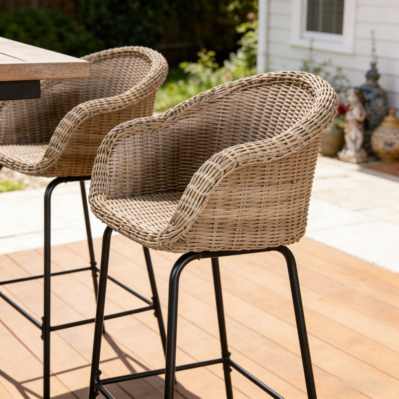 Outdoor Metal Wicker Barstool, Light Brown