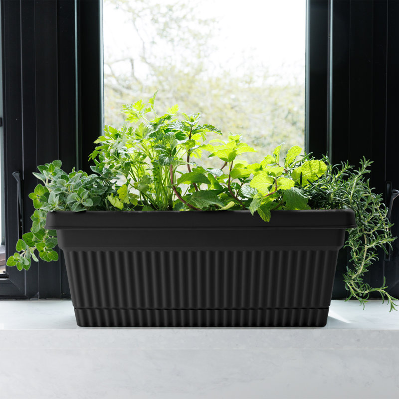 Vaneka 18-in Width Plastic Fluted Window Box Planter With Saucer Tray, Black