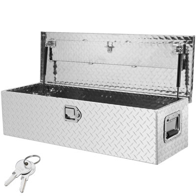 Boîte à outils robuste pour lit de camion en aluminium, boîte à outils à plaque de diamant avec poignée latérale et clés de verrouillage, boîte de rangement pour coffre à outils, caisse de camion, véhicule récréatif, remorque, 39 po x 13 po x 10 po, argent | 40,94 po x 14,96 po x 11,42 po |