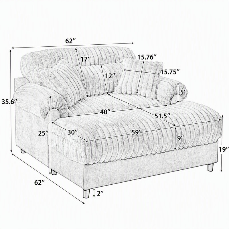 Canapé méridienne moderne de 62 pouces, modèle Cloud, revêtement en peluche confortable avec deux coussins décoratifs pour le salon