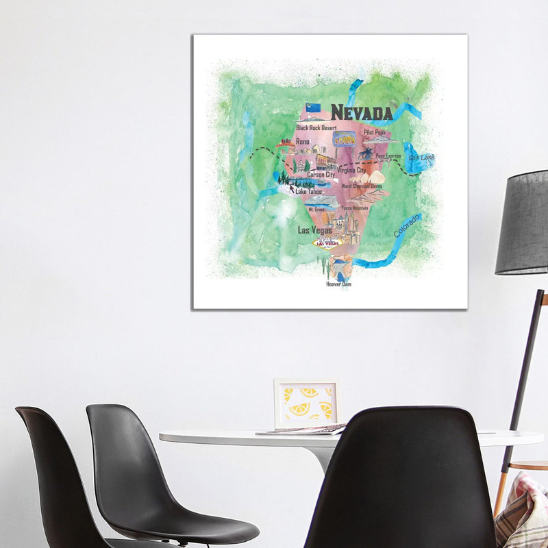 USA, Nevada Illustrated Travel Poster 1 Piece Wrapped Canvas Wall Art, 93.98 cm H x 93.98 cm W x 3.175 cm D