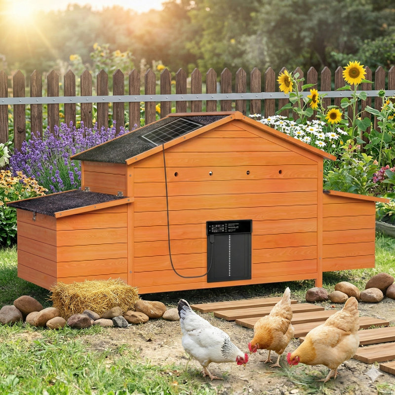 Poulailler automatique avec porte à énergie solaire, construction résistante aux intempéries, système de ventilation, 2 boîtes de pose, minuterie programmable et capteur de lumière - abri de poule extérieur robuste avec plateau de nettoyage coulissant