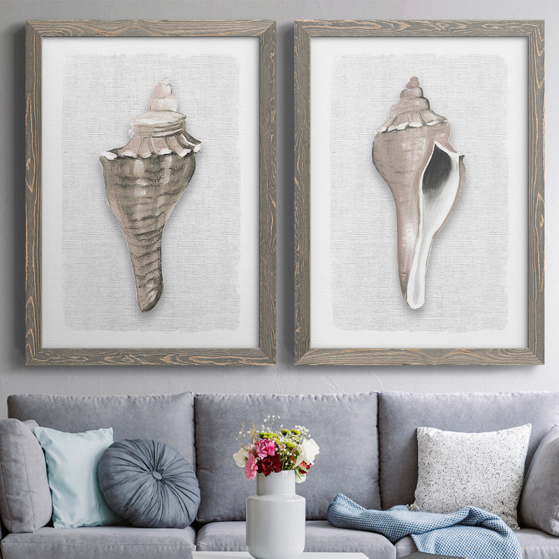 Sea Front Shell I - Toile encadrée de qualité supérieure - prête à être accrochée, H 27,5 po x l 75 po x P 1,5 po, Gris