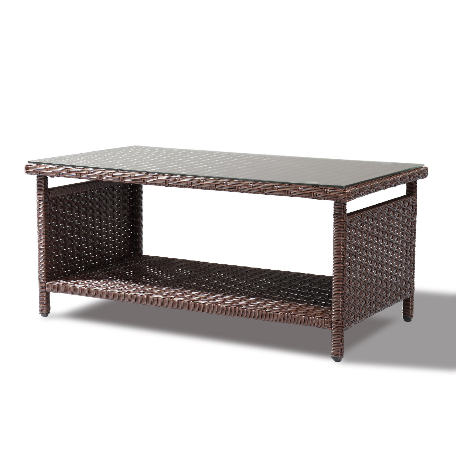 Ebern Designs 2-Layer Brown Outdoor Wicker Coffee Table With Glass Tabletop | Wayfair
