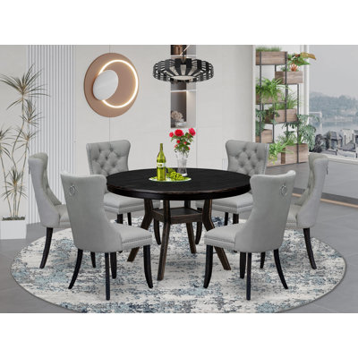L'ensemble de table de salle à manger moderne 7 pièces se compose d'une table et de 6 chaises en tissu de polyester vert saule avec dossier capitonné, noyer antique