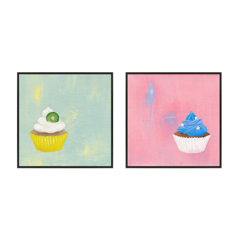 Kiwi And Star Cupcakes. Set Of 2 Print by Katy Montica, 10" W x 10" H x 1.38" D, Black Framed Canvas