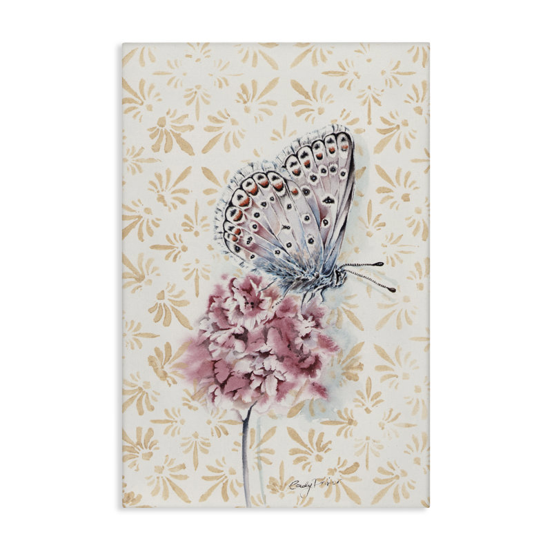 Papillon et fleur sur toile, par Cady, H 24 po x l 16 po