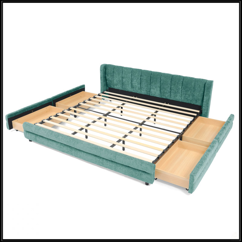 Très grande base de lit tapissier avec tissu chenille épais, tête de lit confortable et tiroir de rangement pour les chambres modernes