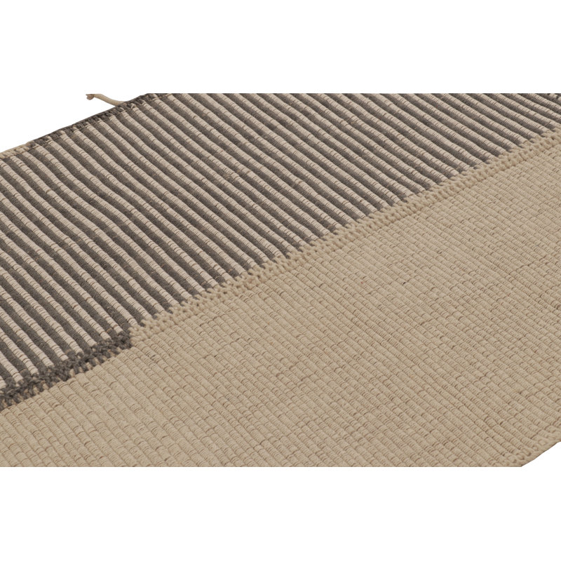 Rug & Kilim’S Accent Kilim, Square Rug In Textural Cream And Gray Stripes