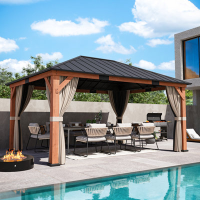 Hadley 12 Ft.X 16 Ft.Outdoor Patio Premium Cedar Wood Frame Gazebo With Mosquito Netting And Curtains, Galvanized Steel Hardtop Single Roof Pavilion