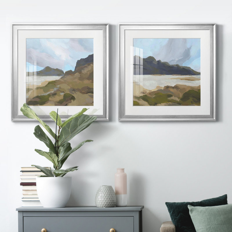 Mossy Cove I - ensemble de 2 reproductions d'art encadrées, H 17,5 po x l 35 po x P 1,5 po, Papier avec cadre argenté, Blanc