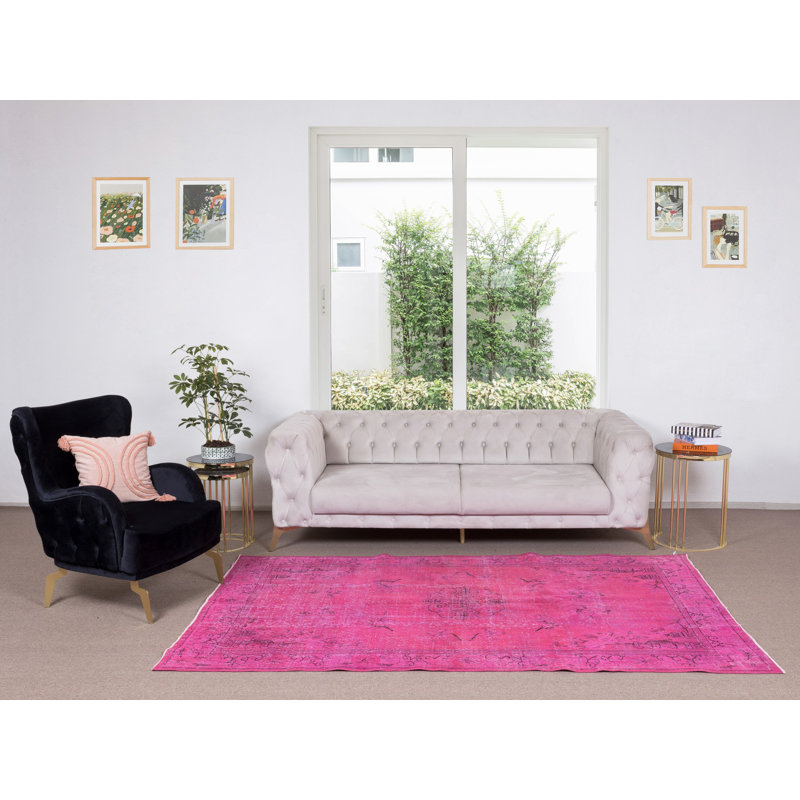 Tapis fabriqué à la main de style chinois art déco 5,4 x 8,7 pi sur-teint en rose