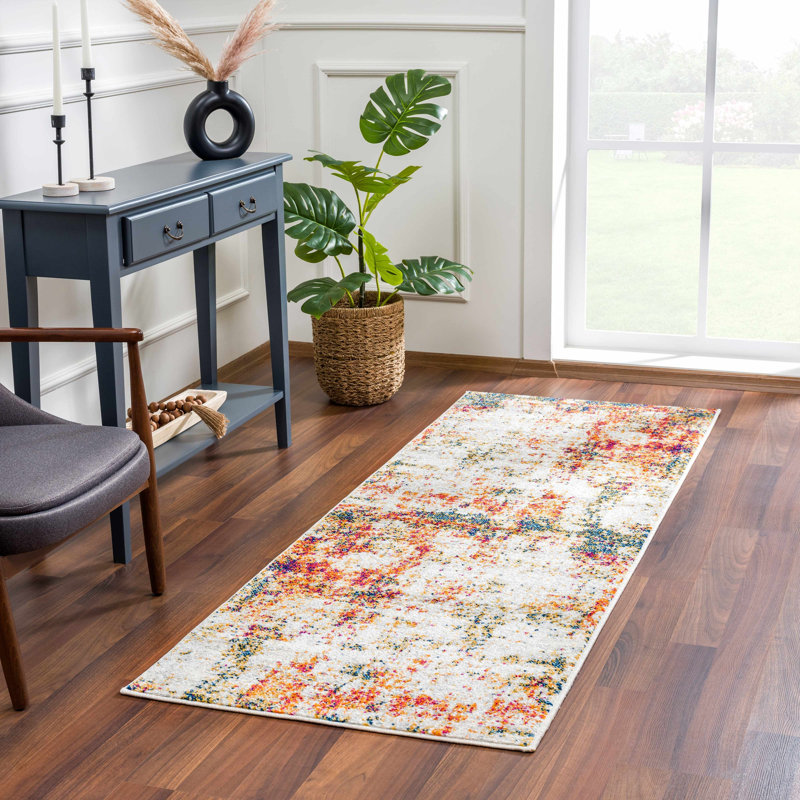 Tapis orange / beige / rouge en polypropylène tissé à la machine, Tapis de couloir 2 pi 7 po x 7 pi 3 po