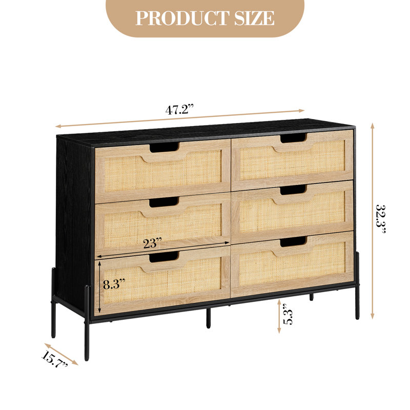 Rattan 6-Drawer Chest with Wicker Drawer Fronts, Tall Dresser for Bedroom, Sturdy Engineered Wood, Black+Oak