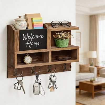 Key Holder Wall Mount, Wooden Mail And Key Organizer