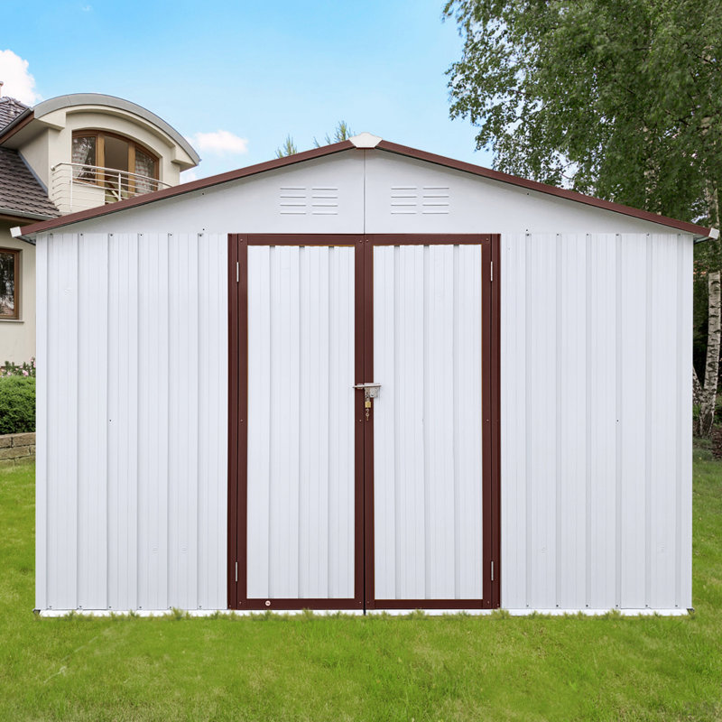 Metal Garden Sheds Outdoor Storage Sheds, 79.9" H x 121.2" W x 147.6" D, White/Black Brown