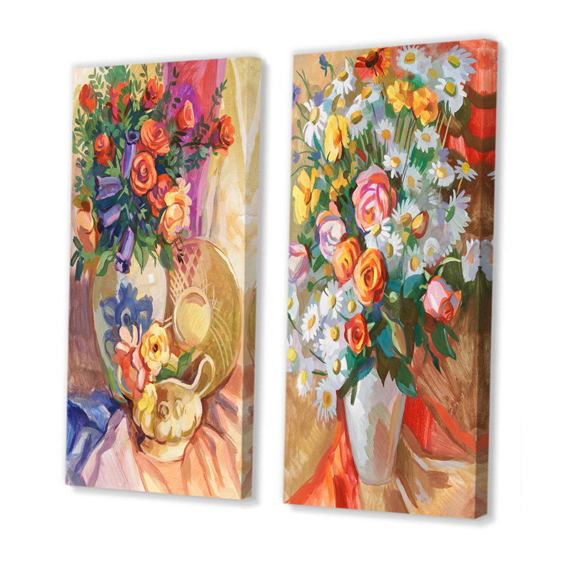 Nature morte bouquet de fleurs V - ensemble de 2 peintures sur toiles, Toile tendue, H 40 po x l 40 po x P 1 po