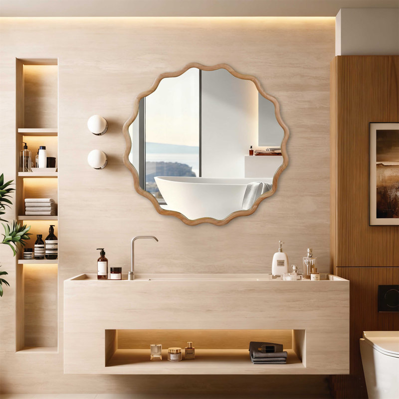 Miroir décoratif rond en bois massif Wavy, Bois naturel, 36 po x 36 po