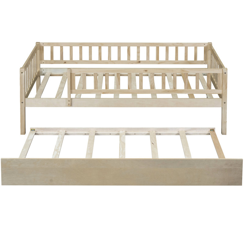 Twin Size Daybed With Trundle And Fence Guardrails In Natural - Space Efficient Sleeping Wood Practical, Natural, Twin