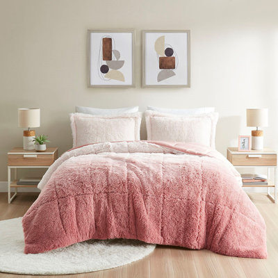 Shaggy Long Fur Ombre Comforter Mini Set - Ultra Plush Faux Mink Bedding Set with Dustproof Hypoallergenic Polyester Filling for Bedding Ensemble