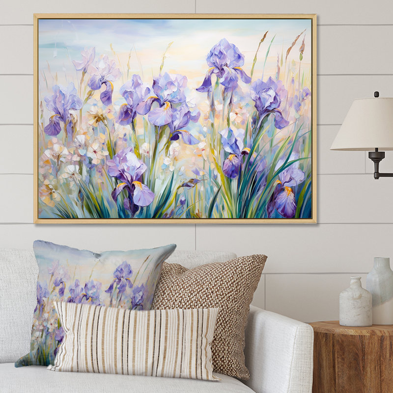 Mauve iris, charme champêtre - fleurs, art mural, Cadre naturel flottant, H 34 po x l 44 po x P 1,5 po