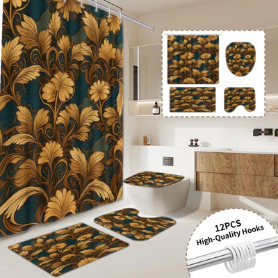 Ensemble de rideau de douche à motif floral 4 pièces 4 pièces, ensemble de rideau de salle de bain tourbillon de luxe avec 12 crochets inclus, tapis antidérapant, tapis de toilette en U, couvercle de couvercle de toilette, accessoires de salle de bain