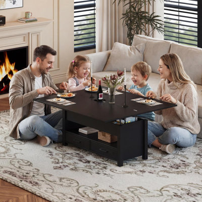 Table basse 4 en 1 de 100 cm (39,4 po) avec plateau relevable, bureau convertible à hauteur réglable, plateau pivotant à 180°, tiroirs de rangement et compartiments cachés pour le salon